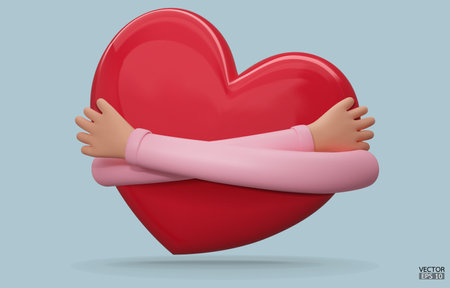 3D hands hugging a red heart with love. Cartoon Hand embracing heart with pink sleeve isolated on blue background. love yourself. Used for posters, postcards, t-shirt prints. 3D vector illustration.のイラスト素材