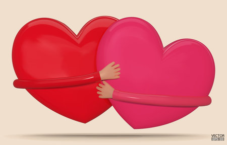 Two hearts with Hand embracing on background. Cartoon hearts embrace minimalism design.Hands hugging two hearts with love, romance,friendship. Valentine's day, Love yourself. 3D vector illustration.&#xD;&#xA;のイラスト素材