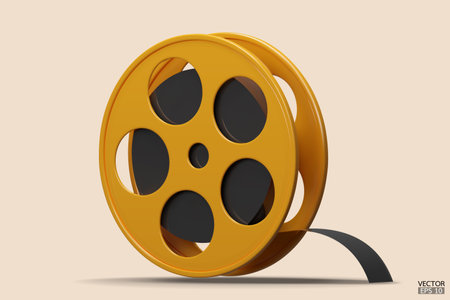 Yellow Film icon isolated on beige background. Video camera tape 3D sign symbols logo. Reel Camera Negative Film. 3d render movie,cinema, entertainment concept. 3D Vector Illustration.のイラスト素材