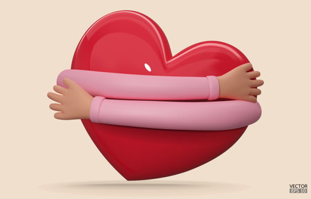 3D hands hugging a red heart with love. Cartoon Hand embracing heart with pink sleeve isolated on beige background. love yourself. Used for posters, postcards, t-shirt prints. 3D vector illustration.のイラスト素材