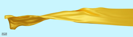 Flying yellow silk textile fabric flag background. Smooth elegant yellow Satin Isolated on blue Background for grand opening ceremony. Yellow curtain. 3d vector illustration.のイラスト素材