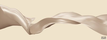 Flying light beige silk textile fabric flag background. Smooth elegant beige Satin Isolated on beige Background for grand opening ceremony. Gold curtain. 3d vector illustration.のイラスト素材