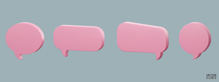 Set of 3D cute pink speech bubble icons isolated on blue pastel background. Minimal blank Message bubbles icons. 3D Chat icon set. 3d vector illustration.のイラスト素材