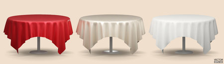 Set of Round Table with Tablecloth Isolated on beige Background. Meeting room table clothes, Red, beige and white silk table clothes. 3D vector illustration.&#xD;&#xA;のイラスト素材
