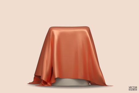 Podium covered with a piece of orange silk isolated on beige background. Realistic box covered with orange cloth. Podium for product, cosmetic presentation. Creative mock up. 3d vector illustration.のイラスト素材