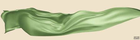 Flying light green silk textile fabric flag background. Smooth elegant green Satin Isolated on beige Background for grand opening ceremony. Green curtain. 3d vector illustrationのイラスト素材