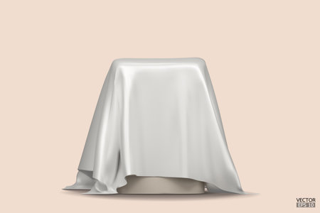 Podium covered with a piece of white silk isolated on beige background. Realistic box covered with white cloth. Podium for product, cosmetic presentation. Creative mock up. 3d vector illustration.のイラスト素材
