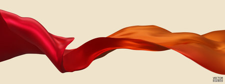 Flying gradient red to orange silk textile fabric flag background. Smooth elegant red Satin Isolated on beige Background for grand opening ceremony. Red to orange curtain. 3d vector illustrationのイラスト素材