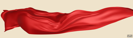 Flying red silk textile fabric flag background. Smooth elegant red Satin Isolated on beige Background for grand opening ceremony. Red curtain. 3d vector illustrationのイラスト素材