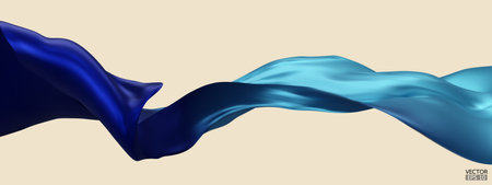 Flying gradient dark to light blue silk textile fabric flag background. Smooth elegant blue Satin Isolated on beige Background for grand opening ceremony. Blue curtain. 3d vector illustration.のイラスト素材