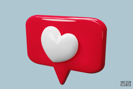 3D Chat red bubble speech icon with white hearts isolated on backgrounds. love social media notifications. Social media speech bubble with heart. 3D Vector illustration.のイラスト素材