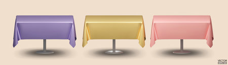 Set of square table with Tablecloth Isolated on beige Background. Meeting room table clothes, purple, yellow and Peach Pink silk table clothes. 3D vector illustration.のイラスト素材