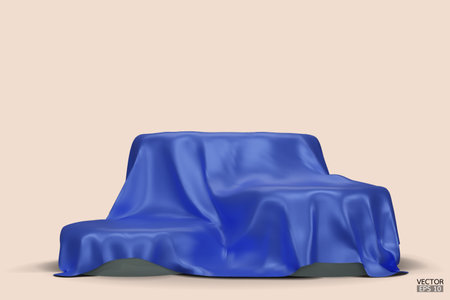 Podium covered with a piece of blue silk isolated on beige background. Realistic box covered with blue cloth. Podium for product, cosmetic presentation. Creative mock up. 3d vector illustration.のイラスト素材