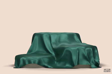 Podium covered with a piece of green silk isolated on beige background. Realistic box covered with green cloth. Podium for product, cosmetic presentation. Creative mock up. 3d vector illustration.のイラスト素材