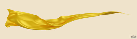 Flying yellow silk textile fabric flag background. Smooth elegant yellow Satin Isolated on beige Background for grand opening ceremony. Yellow curtain. 3d vector illustrationのイラスト素材