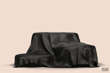 Podium covered with a piece of black silk isolated on beige background. Realistic box covered with dark cloth. Podium for product, cosmetic presentation. Creative mock up. 3d vector illustration.のイラスト素材