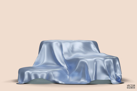 Podium covered with a piece of blue silk isolated on beige background. Realistic box covered with blue cloth. Podium for product, cosmetic presentation. Creative mock up. 3d vector illustration.のイラスト素材