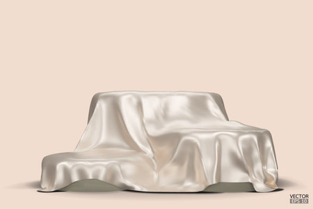 Podium covered with a piece of gold silk isolated on beige background. Realistic box covered with beige cloth. Podium for product, cosmetic presentation. Creative mock up. 3d vector illustration.のイラスト素材
