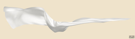 Flying white silk textile fabric flag background. Smooth elegant white Satin Isolated on beige Background for grand opening ceremony. White curtain. 3d vector illustrationのイラスト素材