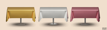 Set of square table with Tablecloth Isolated on beige Background. Meeting room table clothes, gold, silver and rose gold silk table clothes. 3D vector illustration.のイラスト素材