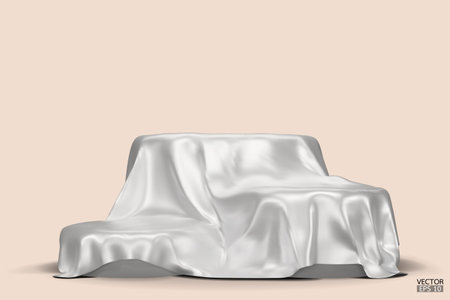 Podium covered with a piece of white silk isolated on beige background. Realistic box covered with white cloth. Podium for product, cosmetic presentation. Creative mock up. 3d vector illustration.のイラスト素材