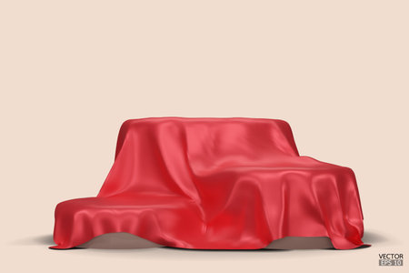 Podium covered with a piece of red silk isolated on beige background. Realistic box covered with red cloth. Podium for product, cosmetic presentation. Creative mock up. 3d vector illustration.のイラスト素材