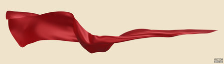 Flying red silk textile fabric flag background. Smooth elegant red Satin Isolated on beige Background for grand opening ceremony. Red curtain. 3d vector illustrationのイラスト素材