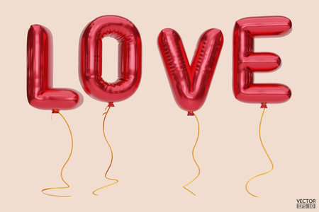 3D gold letter love balloons. Love golden characters balloons in the air. For celebration, party, date, invitations, event, card, and Valentine's Day.  3d vector illustration.のイラスト素材