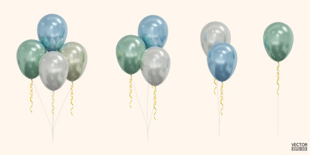 Set of realistic vector blue, green, white balloons isolated on beige background. Helium balloons clipart for anniversary, birthday, wedding, party. 3D vector illustration.のイラスト素材