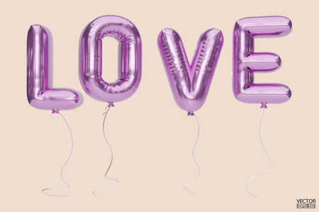 3D purple letter love balloons. Love purple characters balloons in the air. For celebration, party, date, invitations, event, card, and Valentine's Day.  3d vector illustration.のイラスト素材
