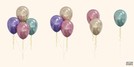 Set of realistic vector red, green,purple,beige balloons isolated on background. Helium balloons clipart for anniversary, birthday, wedding, party. 3D vector illustration.のイラスト素材