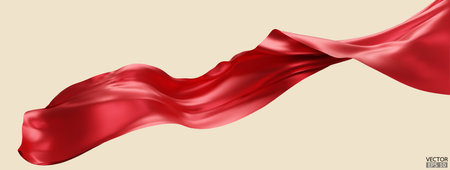 Flying red silk textile fabric flag background. Smooth elegant red Satin Isolated on beige Background for grand opening ceremony. Red curtain. 3d vector illustrationのイラスト素材