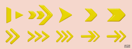 Set of yellow vector arrows. Shiny 3d glass Arrows icon. Arrows Cartoon minimal style collection. 3d vector illustration.のイラスト素材