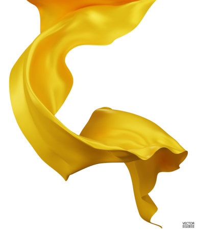 Flying yellow silk textile fabric flag background. Smooth elegant yellow Satin Isolated on white Background for grand opening ceremony. Flying yellow silk vertical image. 3d vector illustrationのイラスト素材