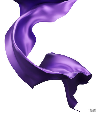 Flying purple silk textile fabric flag background. Smooth elegant purple Satin Isolated on white Background for grand opening ceremony. Flying purple silk vertical image. 3d vector illustrationのイラスト素材
