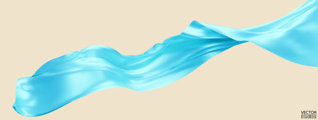 Flying light blue silk textile fabric flag background. Smooth elegant blue Satin Isolated on beige Background for grand opening ceremony. Blue ice curtain. 3d vector illustrationのイラスト素材