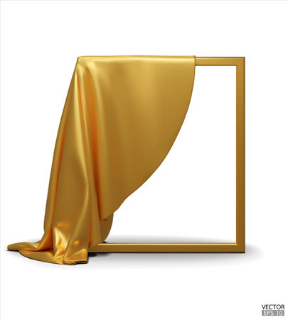 Gold Silk fabric unveiling empty frame isolated on white background. Golden satin covered objects. 3d vector illustration.のイラスト素材