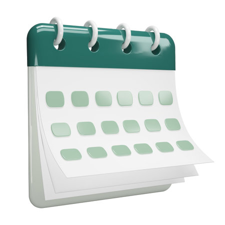 Calendar date 3d icon. Green calendar with flipping pages and rings isolated on white background. Daily schedule planner. Calendar events plan, Reminder, work planning concept. 3d vector illustration.のイラスト素材