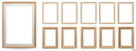 Set of wooden modern frame isolated on white background. Realistic rectangle frames mockup. Classic Photo wooden frame. Wood borders set for painting, poster, photo gallery. 3d vector illustration.のイラスト素材