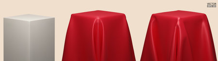 Set of Podium covered with a piece of red silk isolated on background. Realistic box covered with red cloth. Podium for product, cosmetic presentation. Creative mock up. 3d vector illustration.のイラスト素材