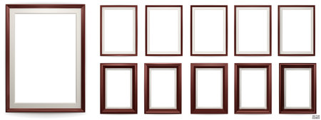 Set of dark brown modern frame isolated on white background. Realistic rectangle frames mockup. Classic Photo wooden frame. Borders set for painting, poster, photo gallery. 3d vector illustration.のイラスト素材