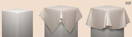 Set of Podium covered with a piece of beige silk isolated on background. Realistic box covered with beige cloth. Podium for product, cosmetic presentation. Creative mock up. 3d vector illustration.のイラスト素材