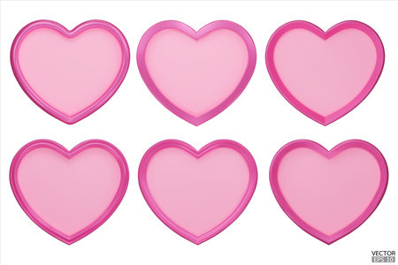 Set of decorative pink hearts. Pink Heart Shaped Frame. 3d realistic heart with rim. Elements for Valentines Day, Wedding, Birthday, Anniversary, Mothers Day decoration. 3d vector illustration.&#xD;&#xA;のイラスト素材