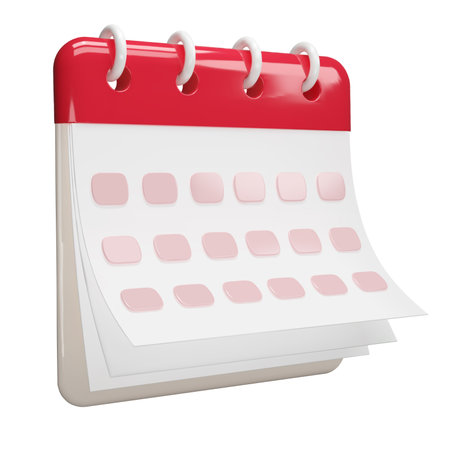 Calendar date 3d icon. Red calendar with flipping pages and rings isolated on white background. Daily schedule planner. Calendar events plan, Reminder, work planning concept. 3d vector illustration.のイラスト素材