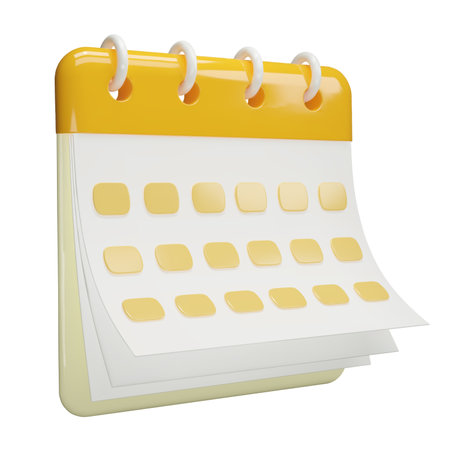 Calendar date 3d icon. Yellow calendar with flipping pages and rings isolated on white background. Daily schedule planner. Calendar events plan, Reminder, work planning concept. 3d vector illustration.のイラスト素材