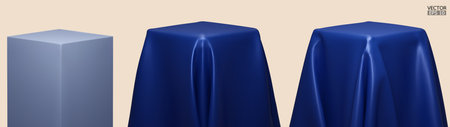 Set of Podium covered with a piece of blue silk isolated on background. Realistic box covered with blue cloth. Podium for product, cosmetic presentation. Creative mock up. 3d vector illustration.のイラスト素材