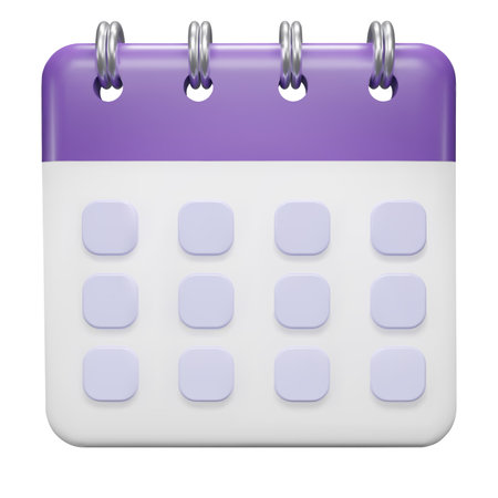 Calendar date 3d icon. Purple calendar with flipping pages and rings isolated on white background. Daily schedule planner. Calendar events plan, Reminder, work planning concept. 3d vector illustration.のイラスト素材