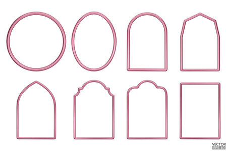 Simple rose gold geometric frames. Luxury pink metallic borders for wedding invitations, luxury templates, and decorative patterns. Pink border design. 3D vector illustration.のイラスト素材