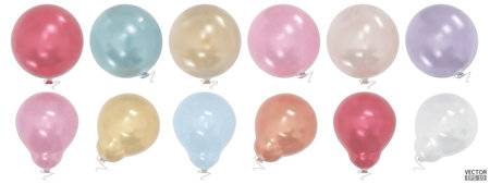 Set of realistic vector colorful balloons isolated on white background. Helium balloons clipart for anniversary, birthday, wedding, party. 3D vector illustration.のイラスト素材