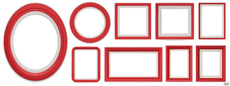 Set of red modern frame isolated on white background. Realistic rectangle, circle, oval Photo red frames mockup. Classic Borders set for painting, and photo gallery. 3d vector illustration.のイラスト素材